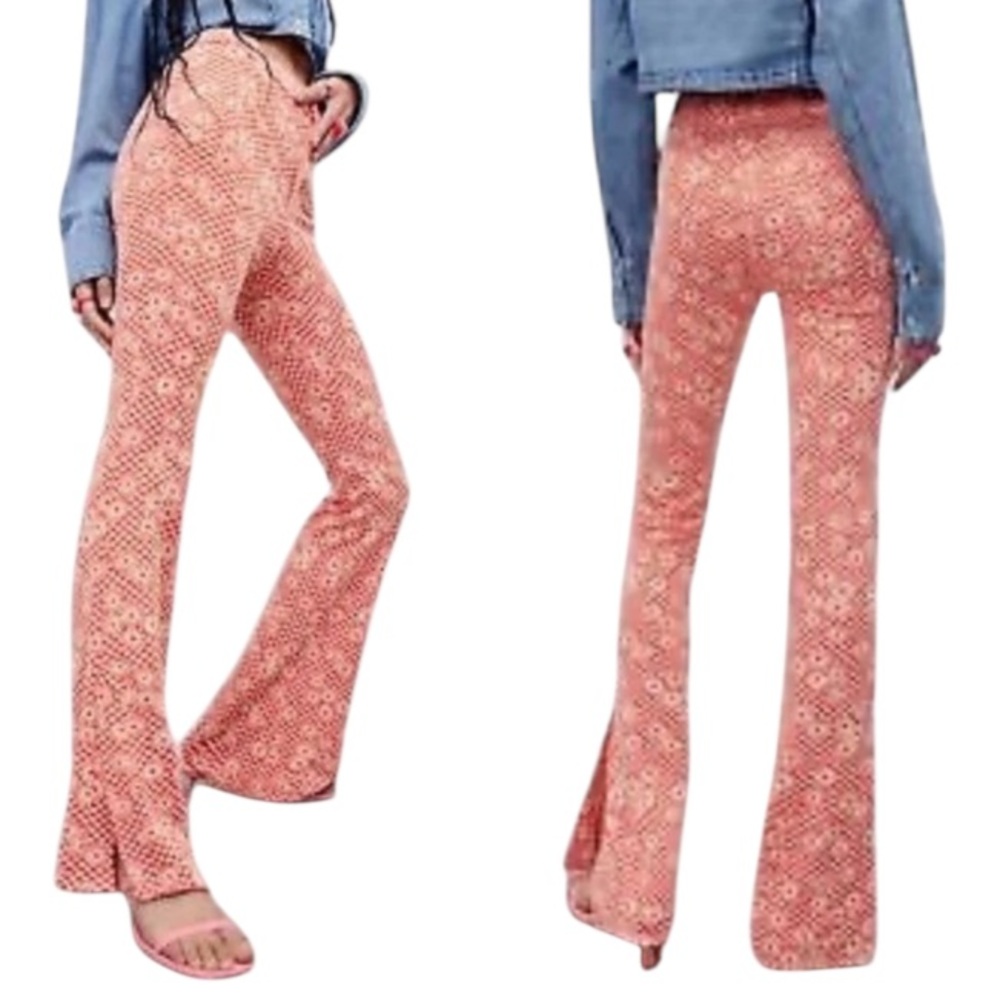 ZARA coral pink retro floral print high rise flare leg pants size medium